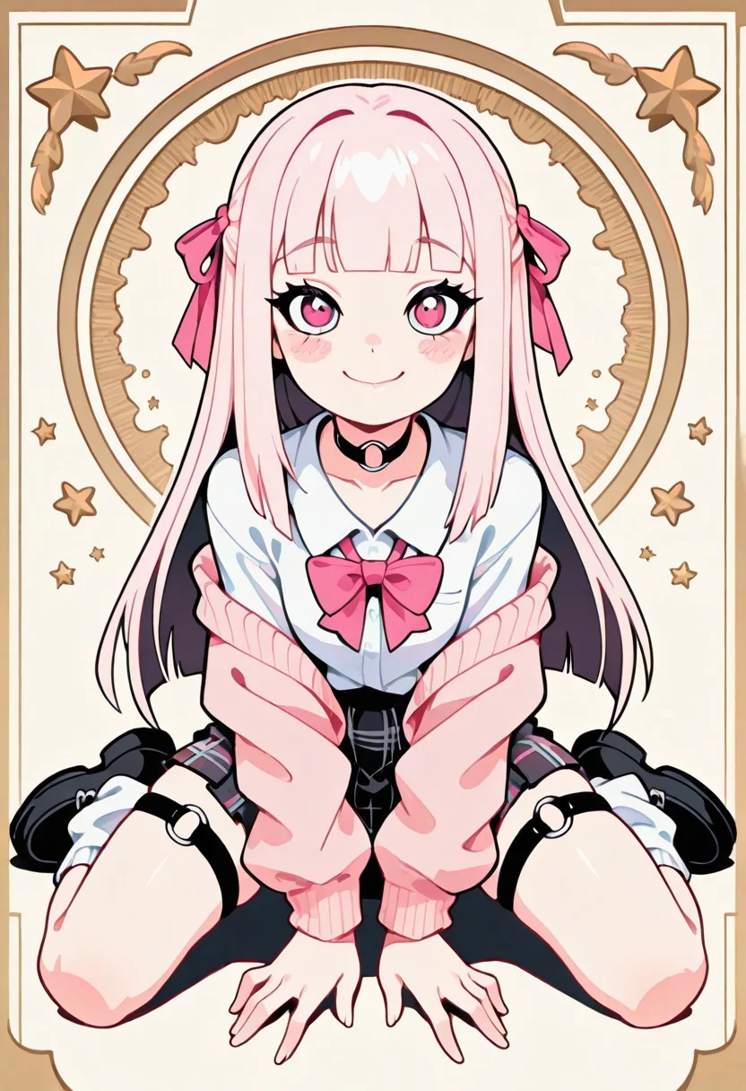 1 girl , solo , blushing , closed mouth , bratty smile , eyelashes , cute , long straight hair , blunt bangs , winking , star , ribbon , hair ribbon ,
slim , slender ,
thigh strap, choker, o-ring choker, pink cardigan, bowtie, white shirt, shirt open, tucked in, plaid skirt, pleated skirt, bare shoulder, white socks, loose socks, black footwear,
full body view, kneeling, spread legs, leaning forward,
from front, front view, straight-on, look at viewer,
masterpiece, best quality ,amazing quality ,S4bit4mago_illu , Protoneon ,s0wasow4rt_illu, t1m3r