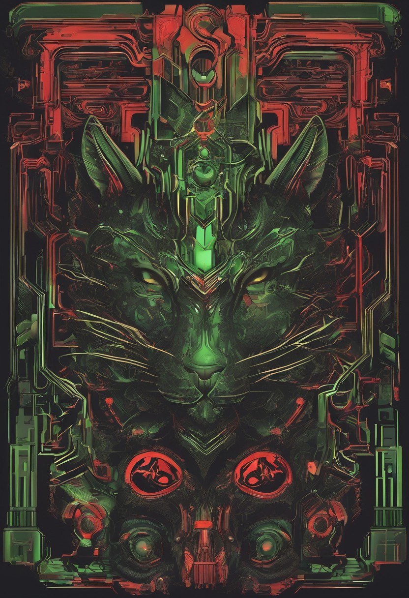 logo, vector, Black, Green, Red, TEXT: "Shadow", mystic, fantasy, cyberpunk, steampunk, Cat, 8k, intricate details, octane render, masterpiece.