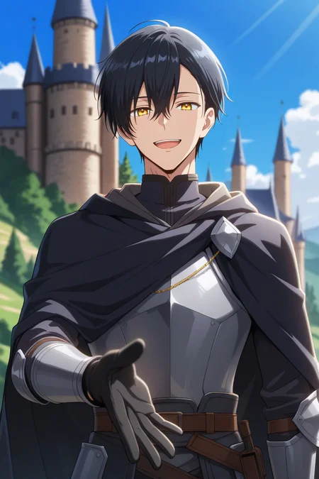 masterpiece, best quality, amazing quality, very aesthetic, high resolution, ultra-detailed, absurdres, newest, scenery, volumetric lighting, depth of field, , , 1boy, solo, male focus ,<lora:noah:0.79>,noah wynknight,black hair,golden eyes,short hair,bangs,smile, open mouth, gloves, hair between eyes, upper body, :d, black gloves, cape, armor, cloak, black cape,looking at viewer,outdoors,castle