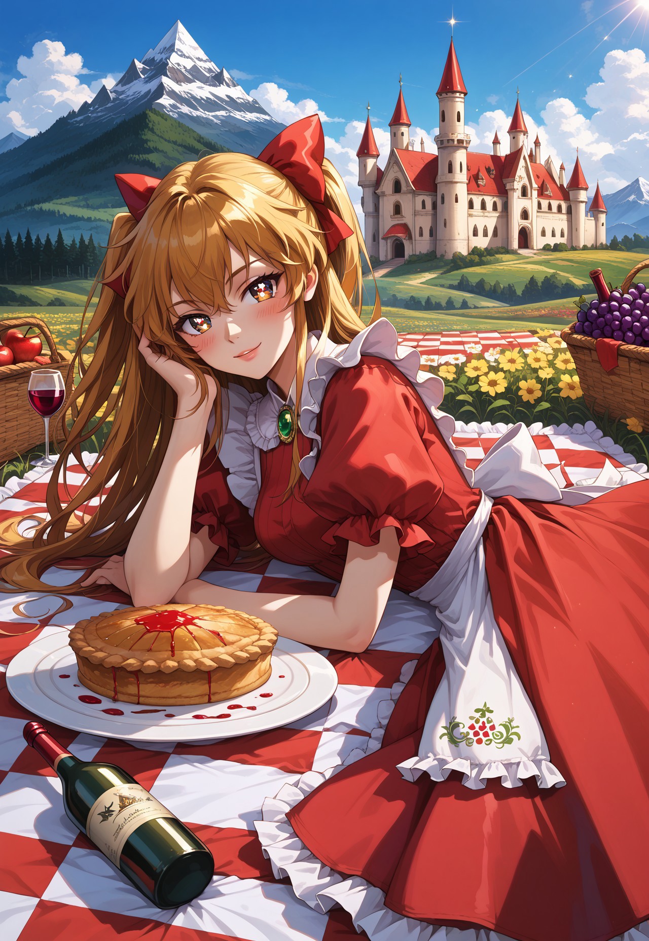safe_pos, score_9, score_8_up, score_7_up, source_anime, (masterpiece), (best quality), 1980s \(style\), highly detailed, dynamic lighting, BREAK Elise, hair bow, red dress, brooch, apron, white socks, red shoes, medium breasts, two side up hair, glossy hair, glossy lips, (blushing:1.1), confident smirk, glamorous, sensuous, (perfect finger:1.2), (perfect hand:1.1), beautiful eyes, (sparkling eyes:1.3) 
BREAK (full body shot), (side view), detailed background, flower field, blue sky, alps mountains, (Neuschwanstein Castle in the distance horizon), (picnic), looking at viewer, head tilt, head resting on hand, hand holding up head, lying down on stomach, (lying on a red-white picnic blanket), legs up in the air, (grapes on a plate), pie, jam, apple strudel, (wine bottles), grainy painting