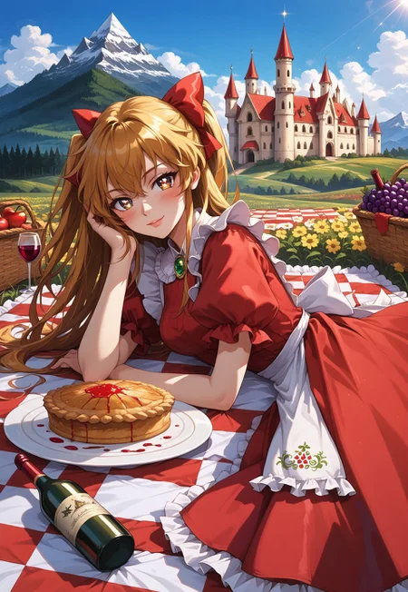 safe_pos, score_9, score_8_up, score_7_up, source_anime, (masterpiece), (best quality), 1980s \(style\), highly detailed, dynamic lighting, BREAK Elise, hair bow, red dress, brooch, apron, white socks, red shoes, medium breasts, two side up hair, glossy hair, glossy lips, (blushing:1.1), confident smirk, glamorous, sensuous, (perfect finger:1.2), (perfect hand:1.1), beautiful eyes, (sparkling eyes:1.3) 
BREAK (full body shot), (side view), detailed background, flower field, blue sky, alps mountains, (Neuschwanstein Castle in the distance horizon), (picnic), looking at viewer, head tilt, head resting on hand, hand holding up head, lying down on stomach, (lying on a red-white picnic blanket), legs up in the air, (grapes on a plate), pie, jam, apple strudel, (wine bottles), grainy painting