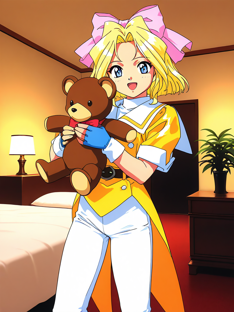 masterpiece, best quality, good quality, <lora:Iris_Chateaubriand_IS:1>  IrisChateaubriand, blonde hair, solo, pink bow, teddy bear, blue eyes, stuffed animal, stuffed toy, bow, fingerless gloves, gloves, under body, 1girl, 
short hair, hair bow, open mouth, 
smile, standing, pants, 1990s (style),  ribbon, 
Yellow coattails, looking at viewer, holding, Yellow uniform, tachi-e, white pants. long pants,
hotel room,
