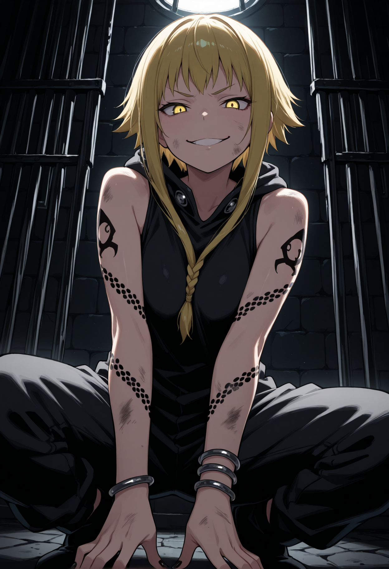 masterpiece, best quality, 1girl, solo, m3dusa, blonde hair, short hair with long locks, sidelocks, braid, , indoors, dungeon, slave, prison cell, dark, dirty, squatting, from below, yellow eyes, arm tattoo, black jumpsuit, sleeveless hoodie, hood down, bracelet, black nails, dark theme, looking at viewer, dim lighting, dark background, dark room, backlighting, evil smile, v-shaped eyebrows