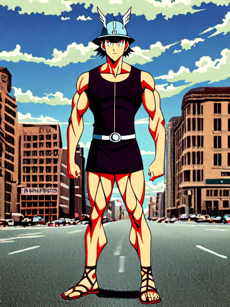 hermes, m_hermes,, muscular, full body, w_sandals, h_hat, helmet, muscular,background cloudy sky<lora:Mercury:0.8>caduceus, helmet, sandals, petasos, headgear <lora:Mezzotint_Artstyle_for_Flux_-_by_Ethanar:0.1> <lora:CPA:0.1>anime style <lora:RetroAnimeFluxV1:0.3>lot of details, background a busy new york street, anime style, cinematic,3d