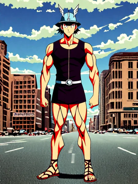 hermes, m_hermes,, muscular, full body, w_sandals, h_hat, helmet, muscular,background cloudy sky<lora:Mercury:0.8>caduceus, helmet, sandals, petasos, headgear <lora:Mezzotint_Artstyle_for_Flux_-_by_Ethanar:0.1> <lora:CPA:0.1>anime style <lora:RetroAnimeFluxV1:0.3>lot of details, background a busy new york street, anime style, cinematic,3d