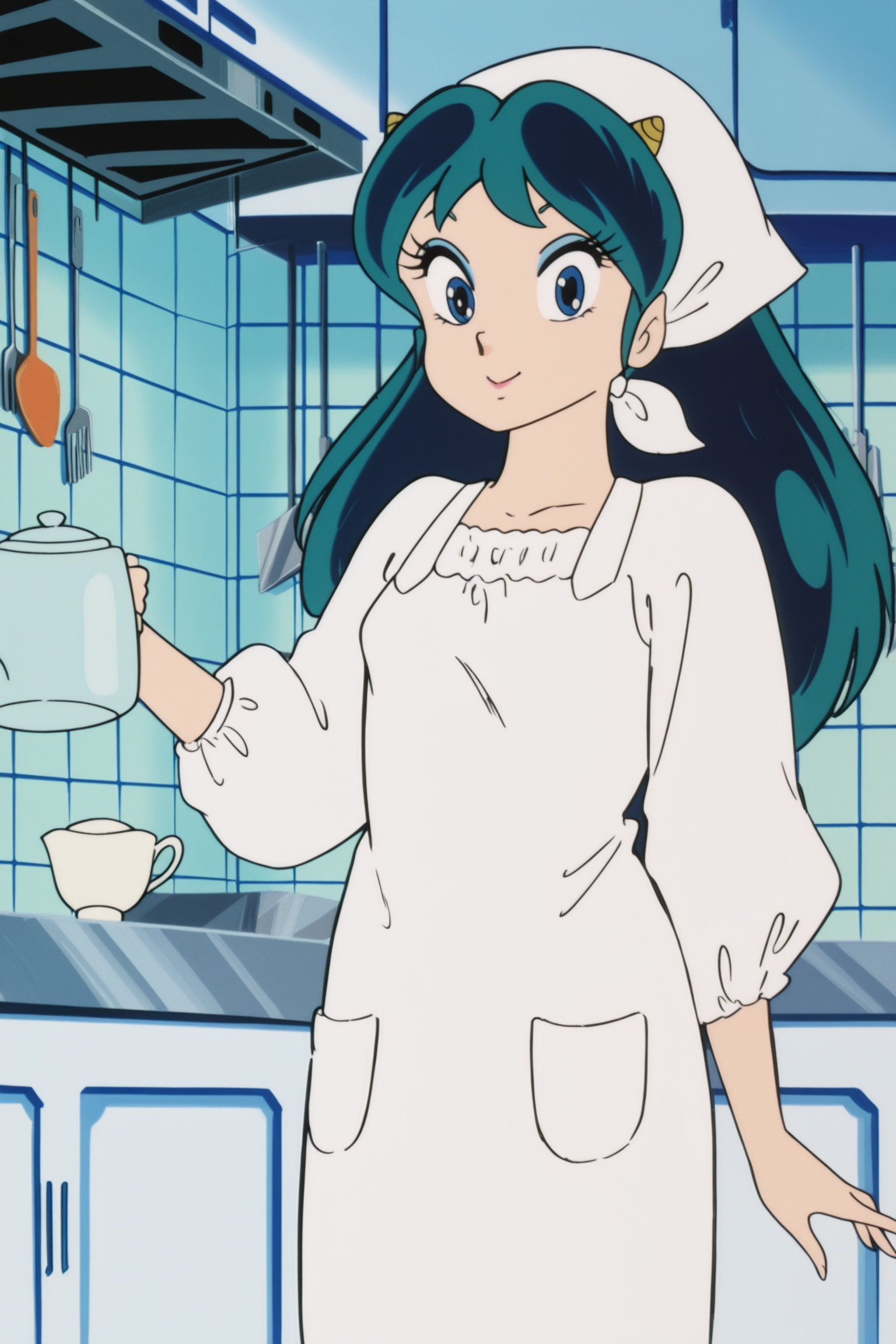anime screencap, anime coloring, detailed face, masterpiece, best quality, very aesthetic, absurdres, volumetric lighting, official style, amazing quality, ultra detailed,  highres, amazing quality, scenery, beautiful detailed hair, beautiful detailed eyes,
in a kitchen,
 <lora:Lum_Later_Studio_Pierrot_style:1>
Lum chef outfit, Lum (character), 1girl, lum, solo, makeup, eyeshadow, retro artstyle, horns, long hair, blue eyes, 1980s (style), green hair, kappougi, smile, apron, oni, cowboy shot, headwear, white clothing, looking at the viewer, holding a tea pot