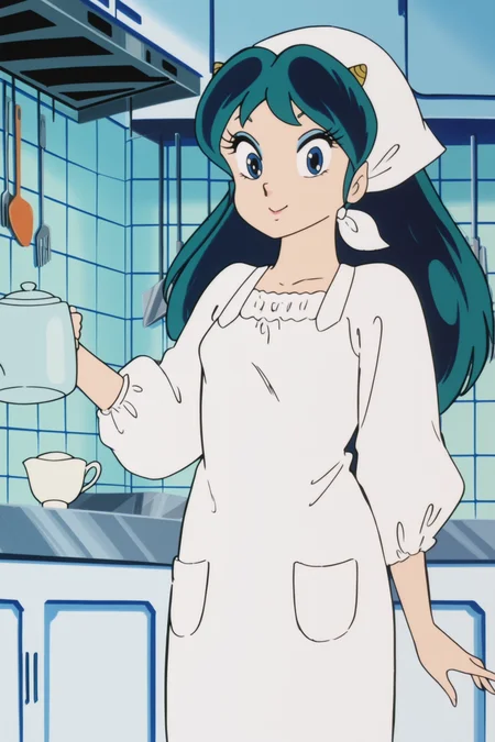 anime screencap, anime coloring, detailed face, masterpiece, best quality, very aesthetic, absurdres, volumetric lighting, official style, amazing quality, ultra detailed, highres, amazing quality, scenery, beautiful detailed hair, beautiful detailed eyes,
in a kitchen,
<lora:Lum_Later_Studio_Pierrot_style:1>
Lum chef outfit, Lum (character), 1girl, lum, solo, makeup, eyeshadow, retro artstyle, horns, long hair, blue eyes, 1980s (style), green hair, kappougi, smile, apron, oni, cowboy shot, headwear, white clothing, looking at the viewer, holding a tea pot