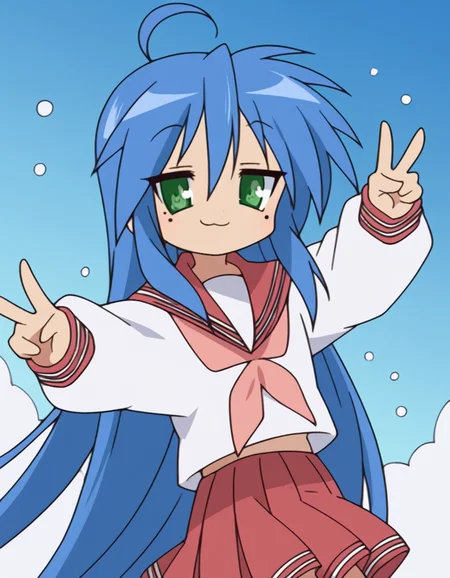 score_9, score_8_up, score_7_up, source_anime, <lora:konata-izumi-s1-ponyxl-lora-nochekaiser:1>, konata izumi, long hair, very long hair, green eyes, blue hair, ahoge, mole, mole under eye,, skirt, long sleeves, school uniform, pleated skirt, serafuku, sailor collar, neckerchief, red skirt, ryouou school uniform,, snow day, winter clothes, snowball fight, laughter, cold breath, white landscape, smile, v, v over mouth, smug,, looking at viewer, solo,, dutch angle, cowboy shot