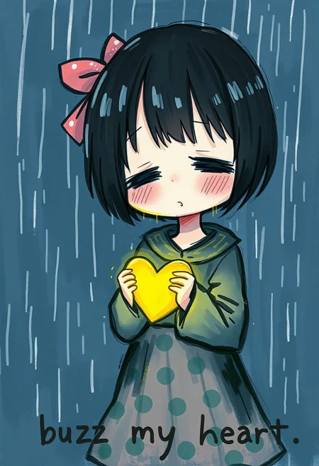 impressionistic art, rough style, cute anime girl with glowing yellow heart, rain, sad, inscription "buzz my heart"