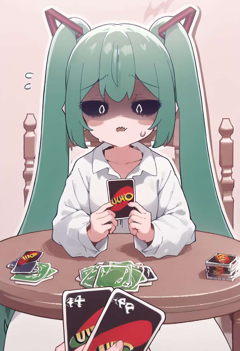 (score_9, score_8_up, score_7_up) BREAK source_anime, absurdres
1girl, twintails, green hair
sleeves past wrists, white shirt, collared shirt
shiny skin
looking at viewer, holding card, pov, playing card, table, surprised, !, shaded face, sweat, fang
<lora:Smooth Anime Style LoRA XL:0.32> , <lora:Expressive_H:0.3> , <lora:princess_xl_v2:0.35>,  <lora:nunumiku.pony:1> nunumiku, aaa
<lora:ImminentUnoLossMeme_pdxl_Incrs_v1:0.45>,  <lora:D1zzysp3llsXLP:1>  d1zzysp3lls