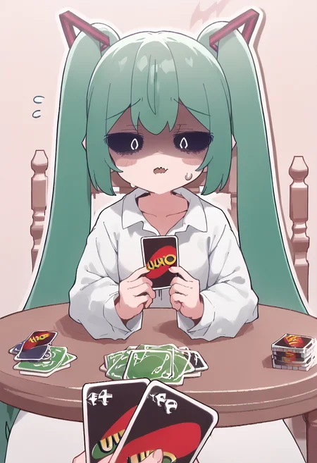 (score_9, score_8_up, score_7_up) BREAK source_anime, absurdres
1girl, twintails, green hair
sleeves past wrists, white shirt, collared shirt
shiny skin
looking at viewer, holding card, pov, playing card, table, surprised, !, shaded face, sweat, fang
<lora:Smooth Anime Style LoRA XL:0.32> , <lora:Expressive_H:0.3> , <lora:princess_xl_v2:0.35>, <lora:nunumiku.pony:1> nunumiku, aaa
<lora:ImminentUnoLossMeme_pdxl_Incrs_v1:0.45>, <lora:D1zzysp3llsXLP:1> d1zzysp3lls