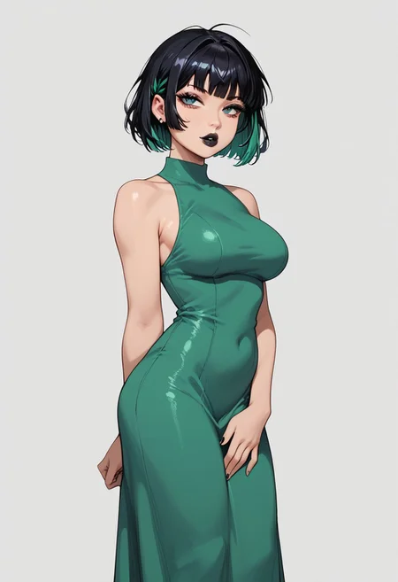 score_9, score_8_up, score_7_up, score_6_up, empowered, hyper-detail, 1girl, full lips, big breasts, narrow waist, thick thighs, two-tone hair (green and black), short hair, black makeup, black lipstick, seductive look, sexy, feet out of frame, green dress, tight dress, white background, hatching \(texture\),
