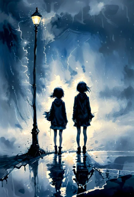 linquivera, liiv1, (anime:0.3), inkpunk, art by alexeyegorov inked, girl waiting, bleak, ink splashes, ink spots, ink smears, evoking loneliness and solitude, bold strokes, ink illustration, torrential thunderstorm, very windy, night, very dark, water splashing, water spraying, vision obscured, gray and black and dark blue tones, desolate, lamppost, puddles, distant headlights liiv1