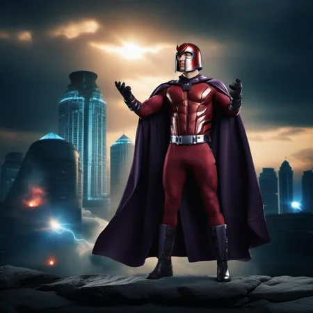 cinematic photo full body man with a helmet and a cape casting a powerfull spell, city background<lora:Magneto1024:0.8> . 35mm photograph, film, bokeh, professional, 4k, highly detailed