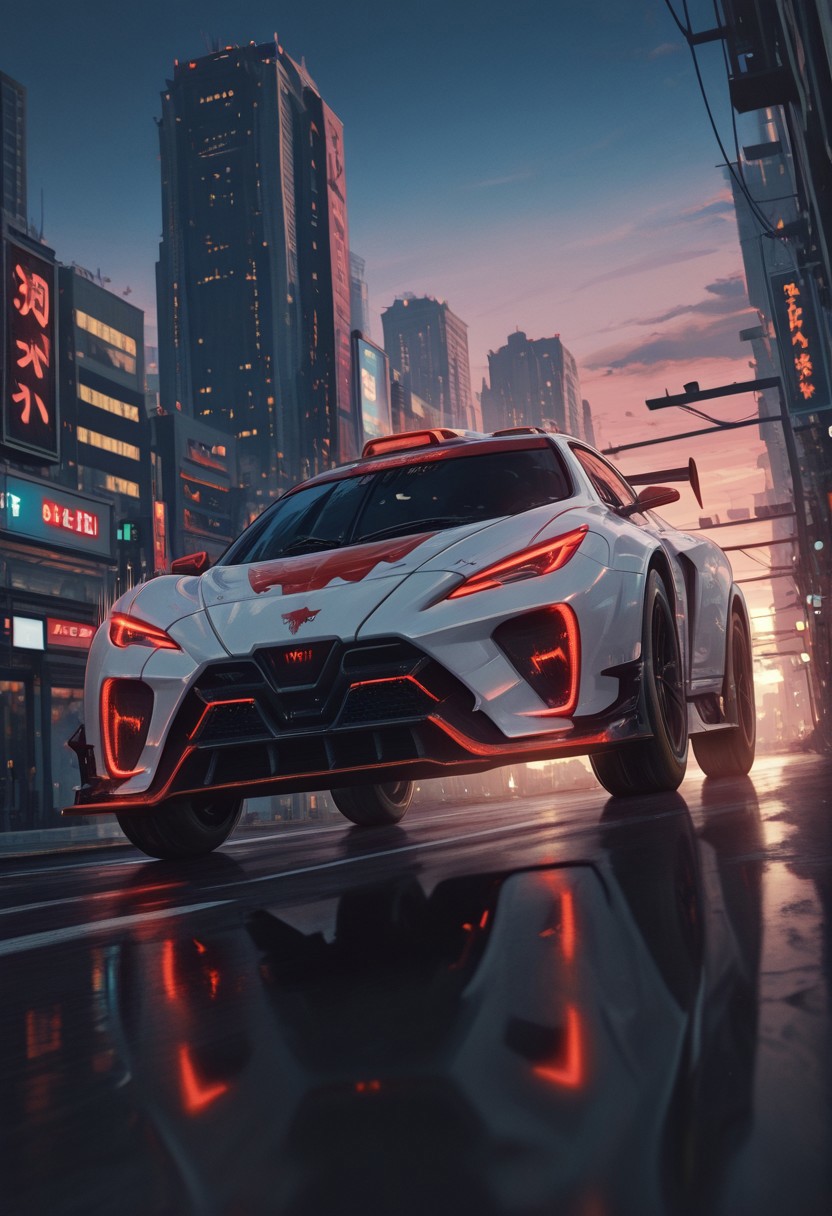 highres, very detailed, realistic, 
(vamptech), 
citycars_illus, 
twilight, low angle, reflections, futuristic, speed lines,
no humans,