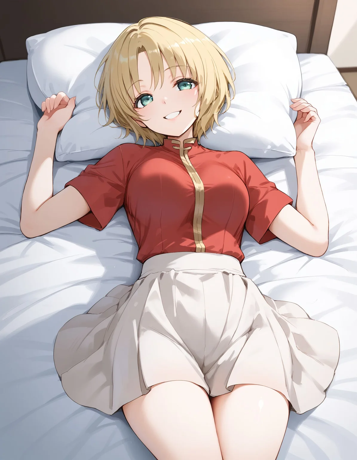 score_9, score_8_up, score_7_up, score_6_up, BREAK source_anime, best quality, masterpiece,
1girl,<lora:amelia fessPonyXL:0.8>,amelia fess,red shirt,skirt,cowboy shot,lying,on bed,smile,looking at viewer