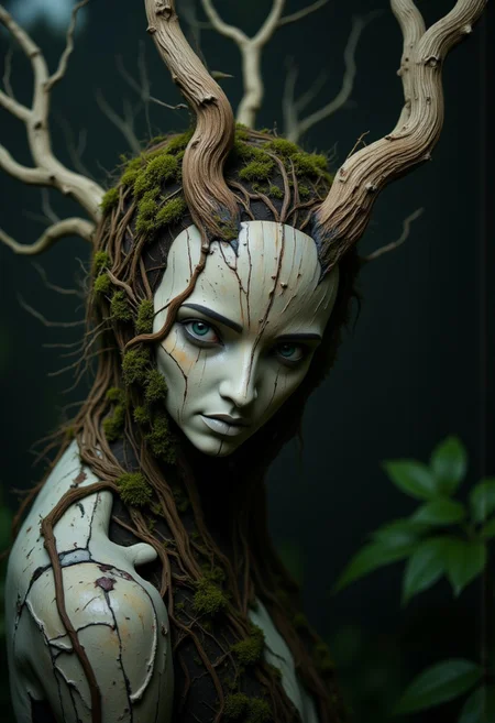 rootform, extreme head Closeup, a smiling pristine white birch tree knightess with billowing Hair Made of branches with Green leafs and an lower Body Made of roots coming from the ground, Mossy birch Forest, intricate black and White birch bark, atmospheric backlight, Piercing Look at viewer, vibrant light-blue eyes