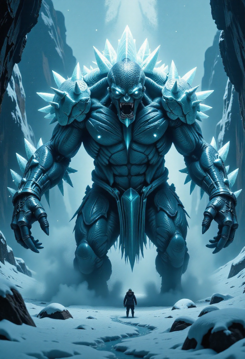 In a frozen landscape, a massive crystal ice monster bursts forth from beneath the ice. The monster is emerging during the middle of a blizzard, is only partially above the surface of the ice, its arms extending outward with large crystal claws, ready to strike. The atmospheric perspective emphasizes the creature's power and the icy environment, creating a sense of awe and danger. This image, with its dramatic lighting and intricate details, captures the essence of a mythical beast, leaving viewers captivated by its otherworldly beauty and the raw power it embodies within the frozen realm.
<lora:FluxMythP0rtr4itStyle:1.0>, mythp0rt,
<lora:Magic of Art  2  (FLUX):1.0>, Cinematic style, Realism, Chiaroscuro, High quality,âââ
