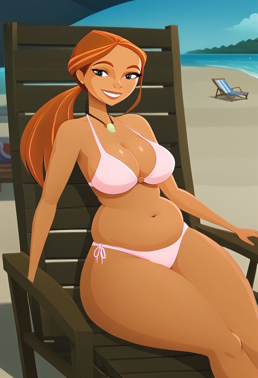 Emma, orange hair, orange eyebrows, ponytail, pink bikini, big breasts, cleavage, plump, chubby, big ass, thick thighs, looking at viewer, smile, reclined, beach chair, beach background, detailed, masterpiece
