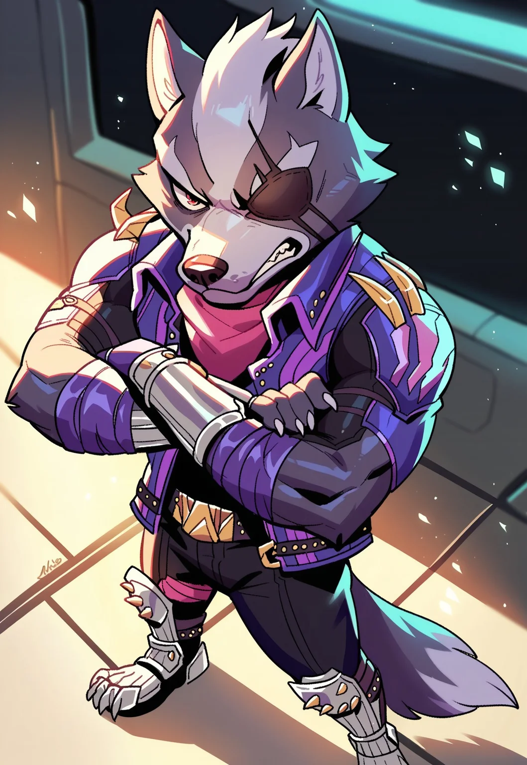 score_9, score_8_up, score_7_up, score_6_up, score_5_up, score_4_up, source_furry, hi res, concept art, realistic, bokeh, inside spaceship, high angle view, solo, standing, Wolf O'Donnell, Red Eye, Right Eyepatch, Pink Kerchief, Purple Sleeveless Jacket, Black Bodysuit, Purple Fingerless Gloves, Metal Boots, Gold Buckle, looking at viewer, clenched teeth, anthro, male, muscular, arms crossed