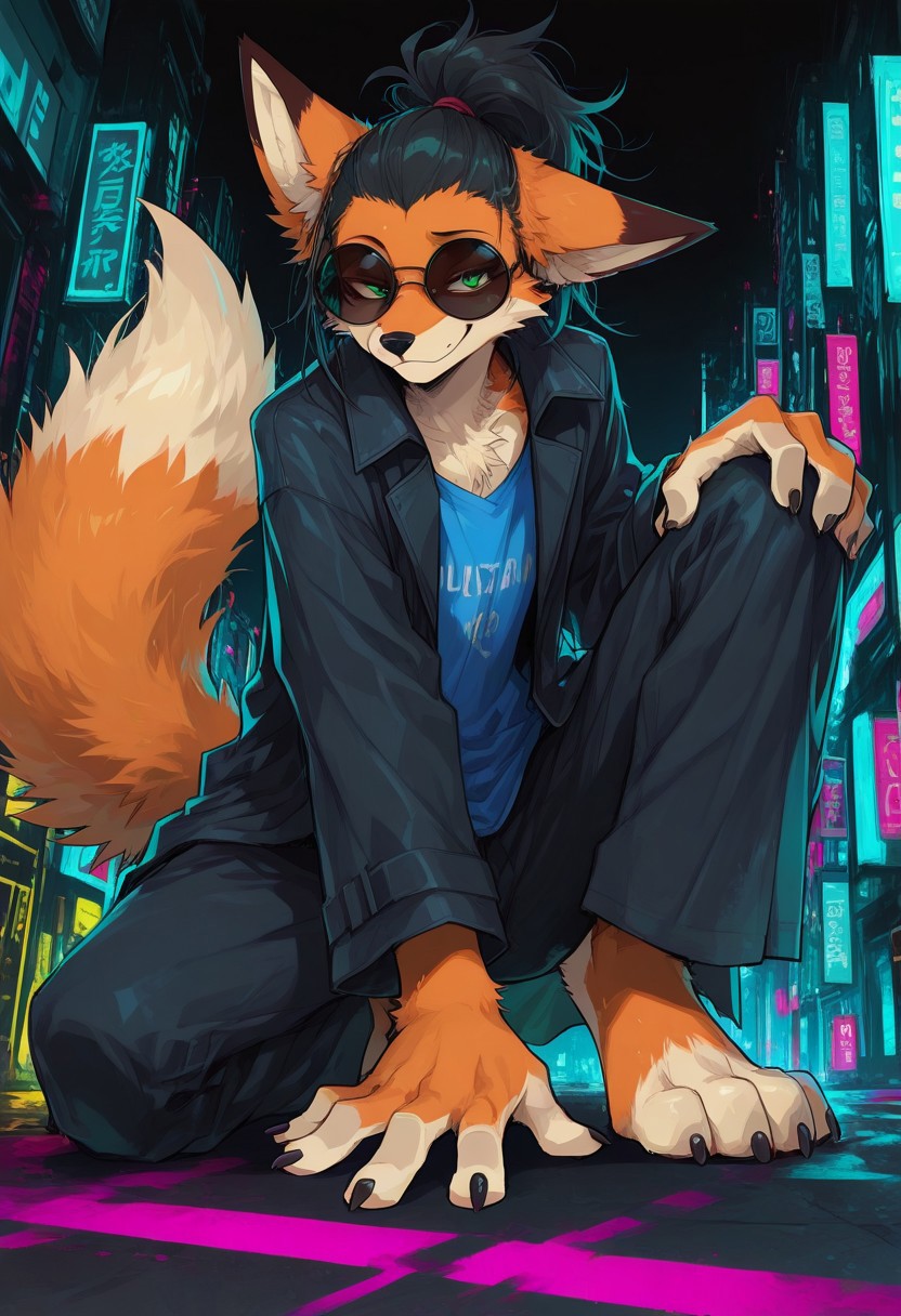 score_9, score_8_up, score_7_up, masterpiece, best quality, high quality, sharp lines, solo, luminescent background, furry, fur, fur covered,
BREAK, anthro, skinny, fox, furry, male, green eyes, orange fur, messy hair, black hair, hair combed back, ponytail, round sunglasses, blue t-shirt, black long coat, smug, relaxed, on one knee, hand on knee, dynamic pose, night, urban, cyberpunk, lights, detailed, colorful, black background, pov from below