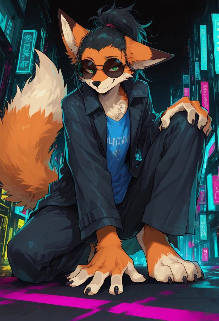 score_9, score_8_up, score_7_up, masterpiece, best quality, high quality, sharp lines, solo, luminescent background, furry, fur, fur covered,
BREAK, anthro, skinny, fox, furry, male, green eyes, orange fur, messy hair, black hair, hair combed back, ponytail, round sunglasses, blue t-shirt, black long coat, smug, relaxed, on one knee, hand on knee, dynamic pose, night, urban, cyberpunk, lights, detailed, colorful, black background, pov from below