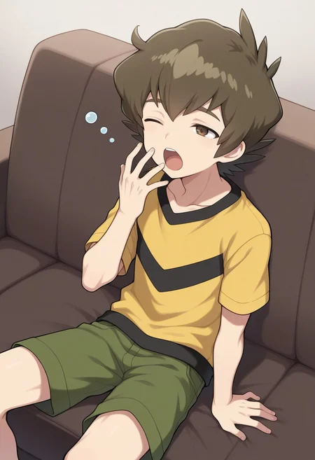 masterpiece,best quality,amazing quality,
bayamano, 1boy, male focus, solo, brown eyes, brown hair, shirt, yellow shirt, short sleeves, green shorts,
indoor, couch, sitting. yawning, sleepy,