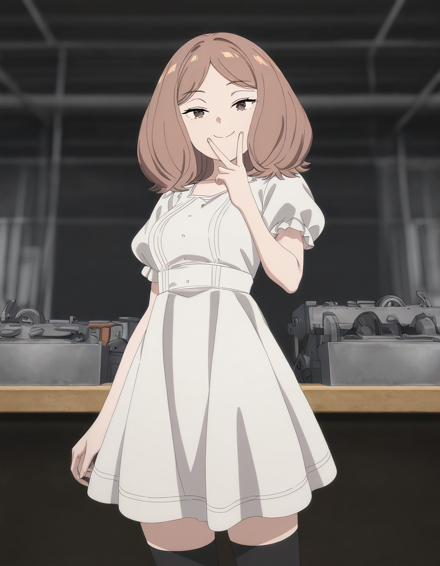 masterpiece, best quality, newest, absurdres, highres, safe,, <lora:mage-edel-s1-illustriousxl-lora-nochekaiser:1>, edel, brown hair, brown eyes, medium hair, medium breasts, anime screencap, thighhighs, dress, black thighhighs, white dress, short sleeves, puffy sleeves, puffy short sleeves, workshop, tools, workbench, projects, machinery, smile, v, v over mouth, smug, looking at viewer, solo,, cowboy shot, solo