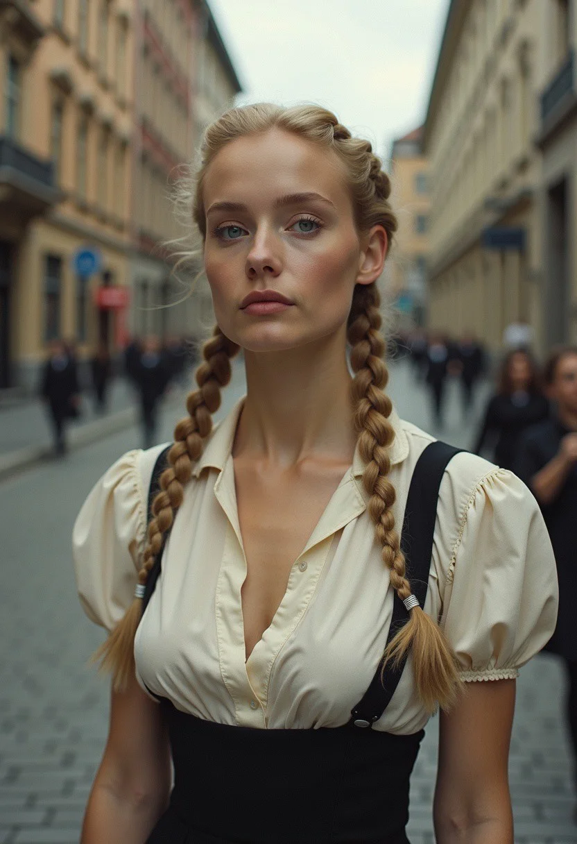 random fullbody color photograph of buxom german woman looking on the street, traditionally braided blonde hair, (((in 1940s Berlin))), tight blouse, natural skin texture, detailed face, sad, steadfast, proud, big breast, hot summer, 24mm, 4k textures, soft cinematic light, adobe lightroom, photolab, hdr, intricate, highly detailed, sharp focus, ((((cinematic look)))), soothing tones, insane details, intricate details, hyperdetailed, low contrast, soft cinematic light, dim colors, exposure blend, hdr, faded, red flags