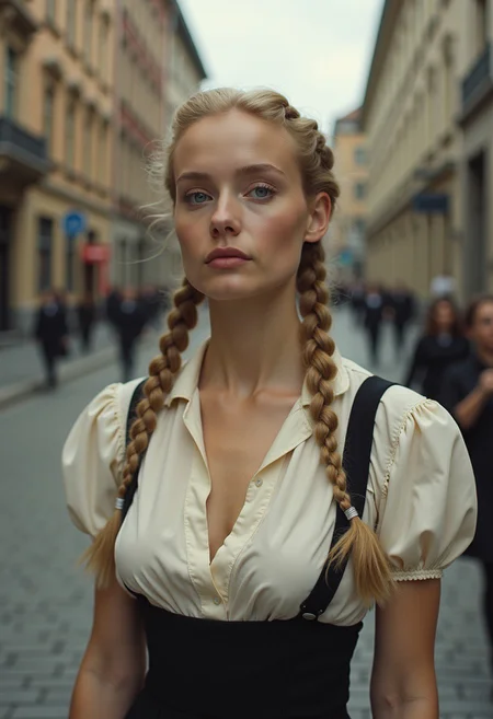 random fullbody color photograph of buxom german woman looking on the street, traditionally braided blonde hair, (((in 1940s Berlin))), tight blouse, natural skin texture, detailed face, sad, steadfast, proud, big breast, hot summer, 24mm, 4k textures, soft cinematic light, adobe lightroom, photolab, hdr, intricate, highly detailed, sharp focus, ((((cinematic look)))), soothing tones, insane details, intricate details, hyperdetailed, low contrast, soft cinematic light, dim colors, exposure blend, hdr, faded, red flags