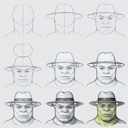 score_9, score_8_up, score_7_up BREAK, <lora:How_to_draw_step_by_step_2:1> howtodraw, x steps, greyscale, colored final touch, <lora:Shrek_XLPD:1> shrek, green skin, 1boy, fedora,