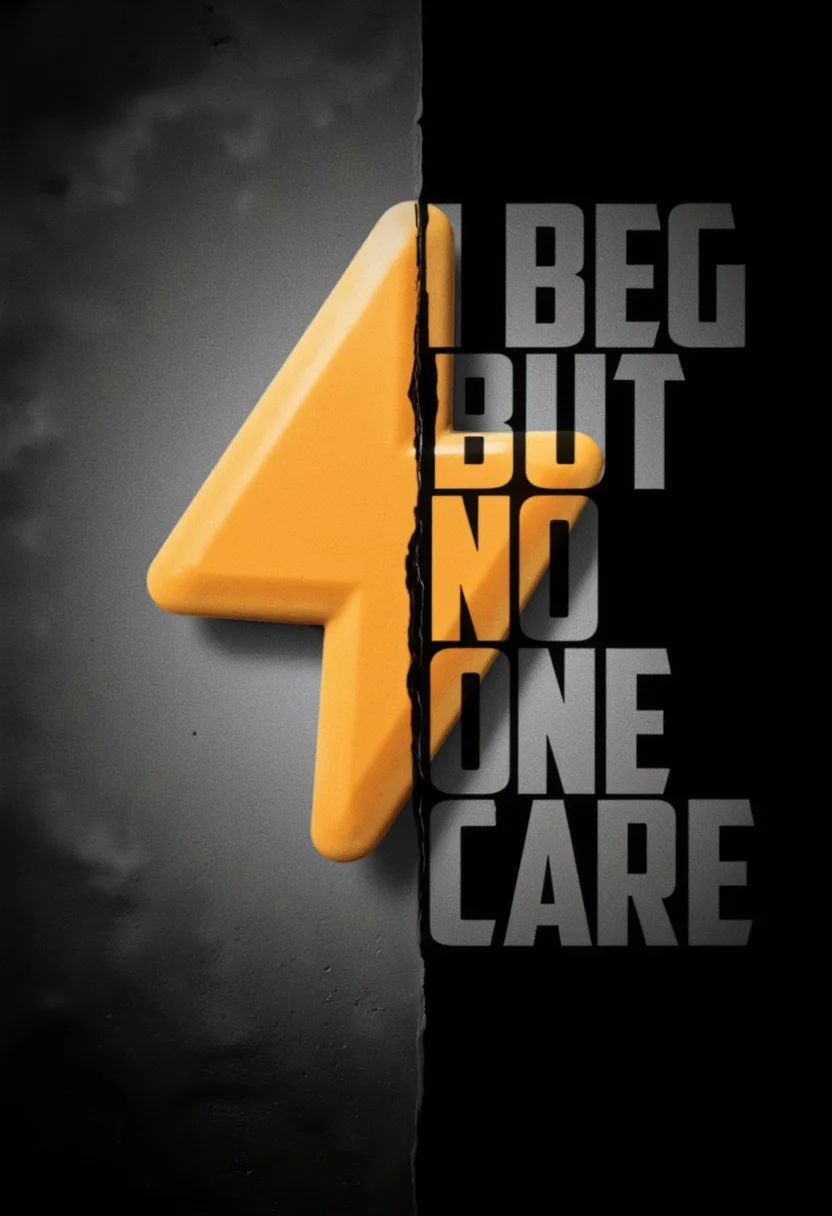A dramatic poster with a split design: on the left, a close-up of realistic SuchBuzzLogo. On the right, large bold text reading "I BEG BUT NO ONE CARE" covers half the poster, set against a dark background to create contrast. The overall tone is eerie and suspenseful, with a muted color palette emphasizing yellow, blacks, and greys.