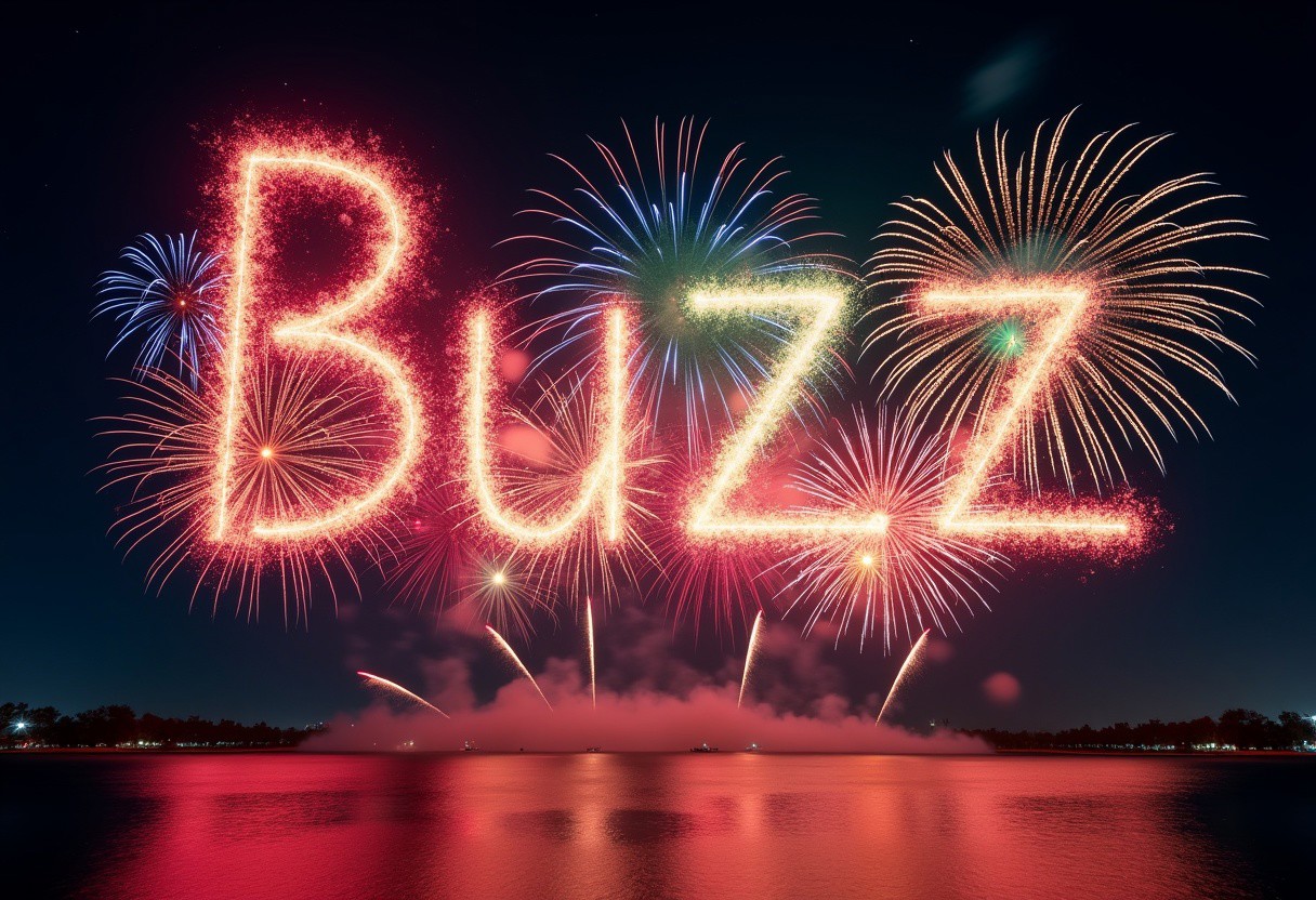 A spectacular nighttime sky filled with vibrant fireworks bursting in a choreographed display. The colorful explosions form the word 'Buzz' in the air, with each letter illuminated in a mix of bright hues—red, blue, green, and gold. The surrounding sky is dark and clear, dotted with a few faint stars. The perspective captures the grandeur of the scene, with the fireworks reflecting off a calm body of water below. The setting feels celebratory and magical, with the word 'Buzz' standing out prominently in the sky, glowing with radiant energy.