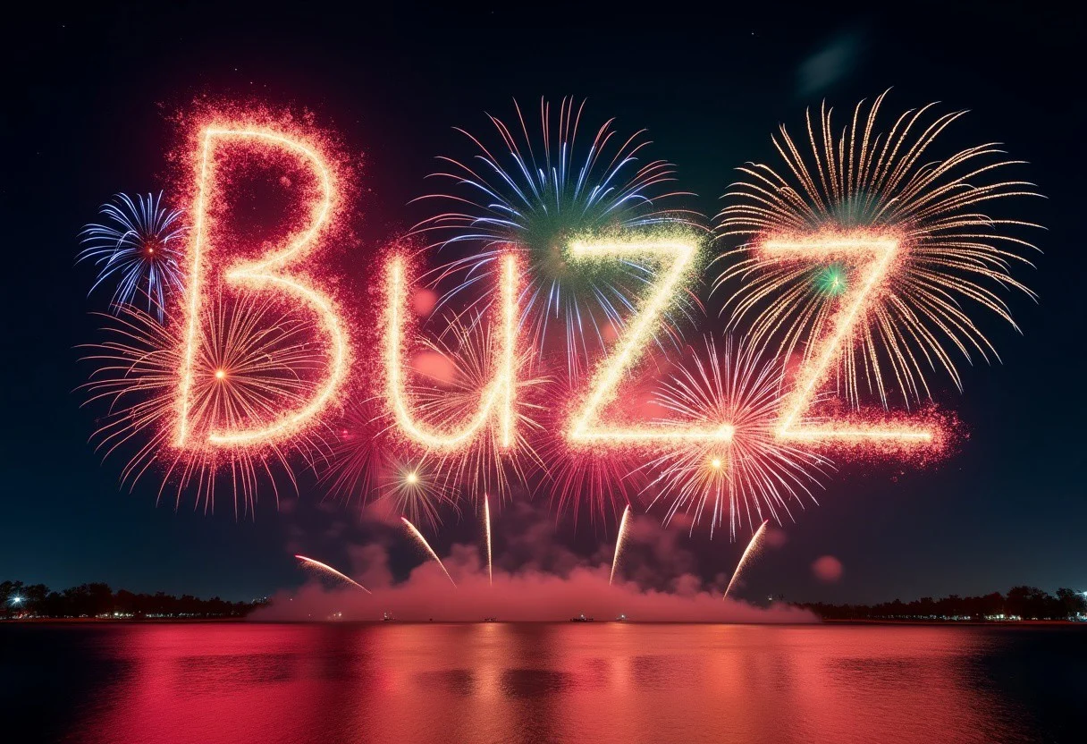 A spectacular nighttime sky filled with vibrant fireworks bursting in a choreographed display. The colorful explosions form the word 'Buzz' in the air, with each letter illuminated in a mix of bright hues—red, blue, green, and gold. The surrounding sky is dark and clear, dotted with a few faint stars. The perspective captures the grandeur of the scene, with the fireworks reflecting off a calm body of water below. The setting feels celebratory and magical, with the word 'Buzz' standing out prominently in the sky, glowing with radiant energy.