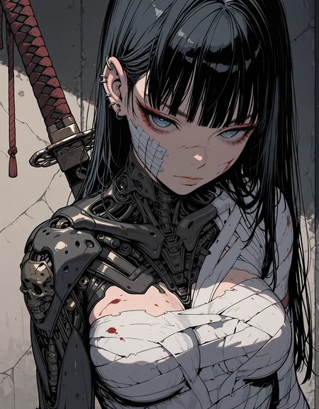 masterpiece, best quality,high quality, newest, highres,absurdres, <lora:Sinozick_style-000019:1>,Sinozick_illu, 1girl, weapon, sword, black hair, solo, katana, long hair, blood, blue eyes, breasts, sarashi, looking at viewer, earrings, bandages, piercing, ear piercing, jewelry, blood on face, bangs, mechanical parts