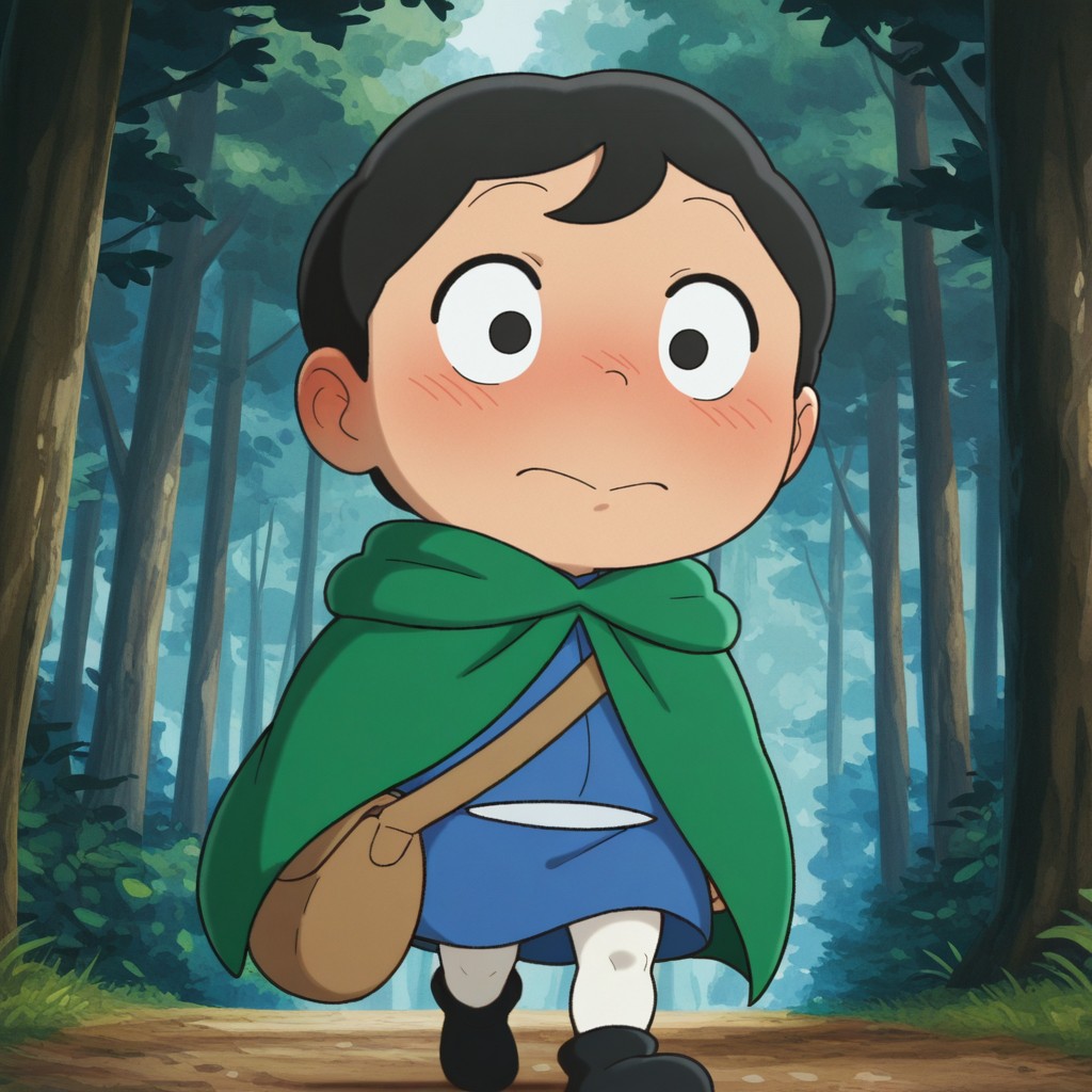 masterpiece, best quality, amazing quality, official artstyle, b0jj1, male, solo, solo focus, human, young, black hair, short hair, black eyes, blush stickers, short, blue doublet, green cape, brown bag, white belt, white leggings, black shoes, walking, clueless, outdoors, forest,