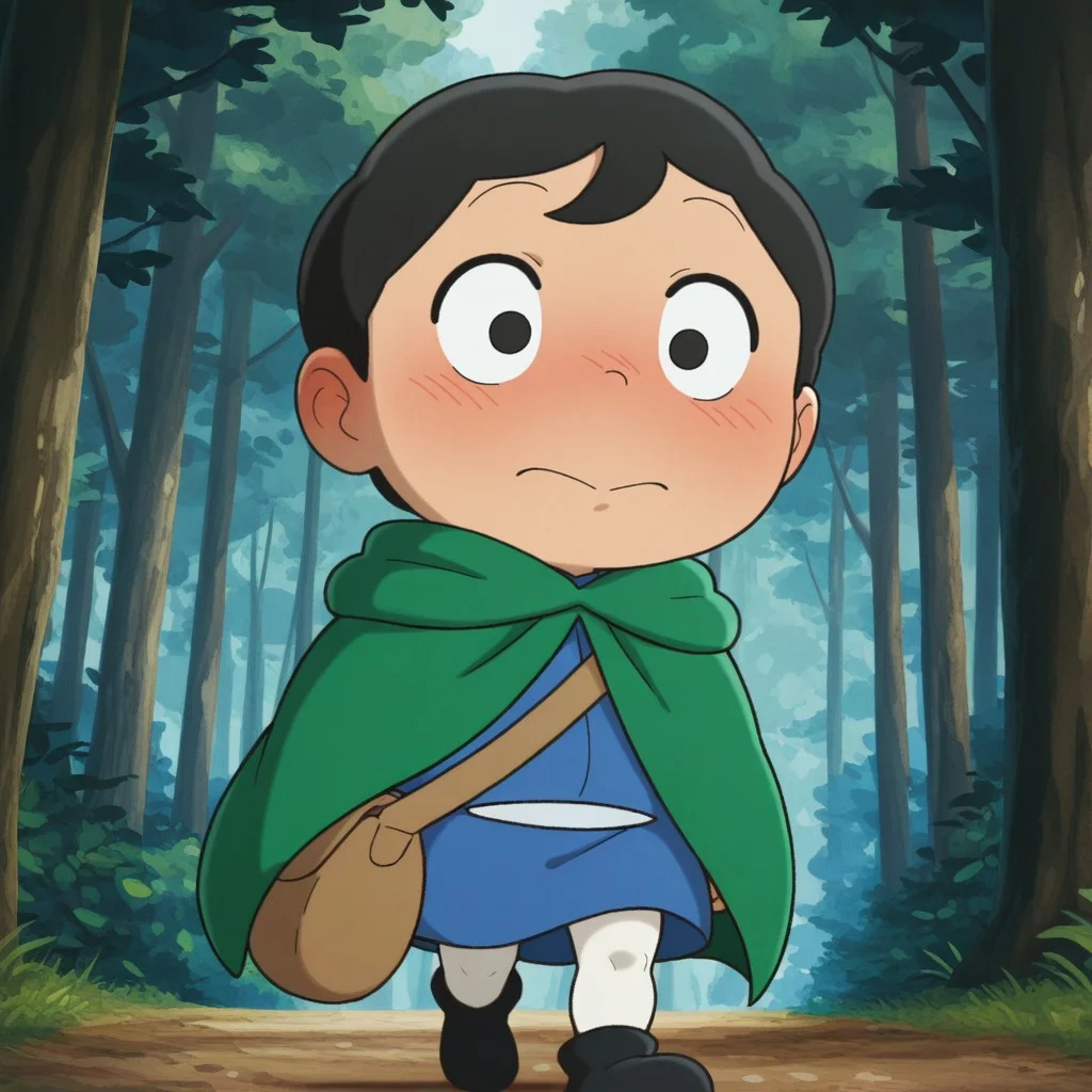masterpiece, best quality, amazing quality, official artstyle, b0jj1, male, solo, solo focus, human, young, black hair, short hair, black eyes, blush stickers, short, blue doublet, green cape, brown bag, white belt, white leggings, black shoes, walking, clueless, outdoors, forest,