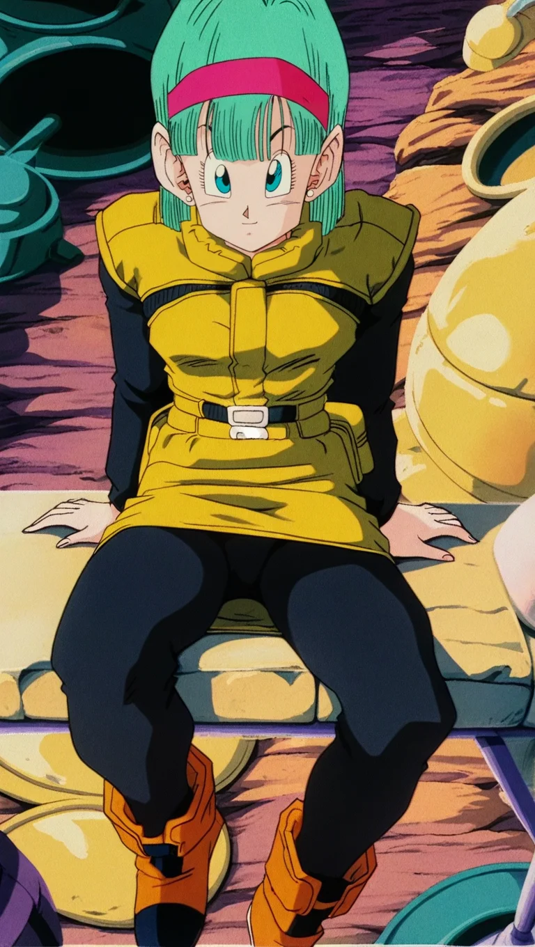 source_anime, masterpiece, best quality, amazing quality, anime screencap, high quality, 8k, absurdres, official style, 1girl, solo, looking at viewer, sitting on ledge, leaning back, <lora:Bulma_Mid_Z_iL:1>, 8u1m4 Z mid, blue eyes, aqua hair, namek saga, medium hair, red hairband, yellow jacket, jacket, long sleeves, black sleeves, yellow skirt, pantyhose, black pantyhose, belt, jewelry, earrings, boots,
