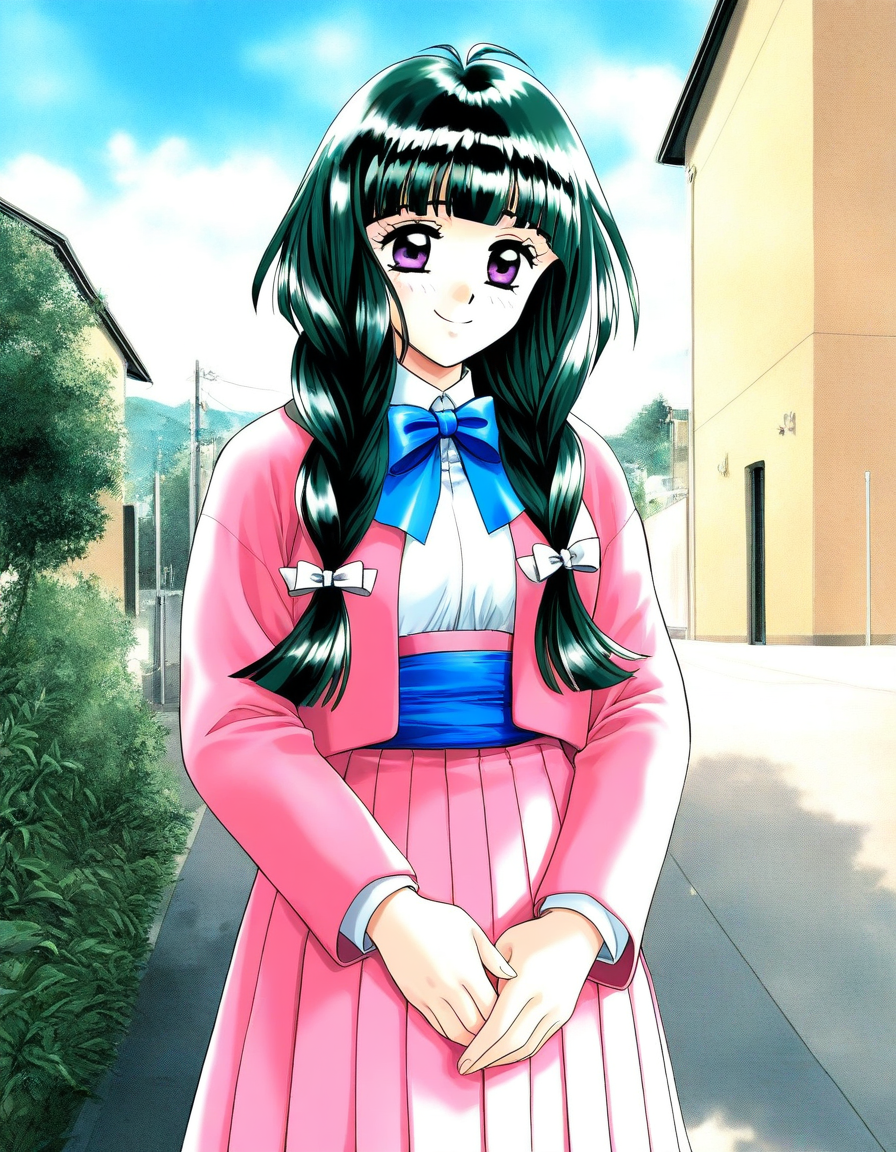 general,highres, ultra-detailed,very aesthetic,best quality ,best hands, BREAK  <lora:Kamiyama_Miko_kakyuusei_Ver2.0_IS:1>Kamiyama_Miko(kakyuusei), 1girl, solo, dark green hair,, long hair, purple eyes, twin braids, white bow, blunt bangs, hair bow, medium breasts,
pink jacket, bowtie, blue bow, shirt, jacket, white shirt, blue bowtie, pleated skirt, pink skirt, blue sash, 
 long sleeves, outdoor, 
v arms, smile,
standing, sky, day,