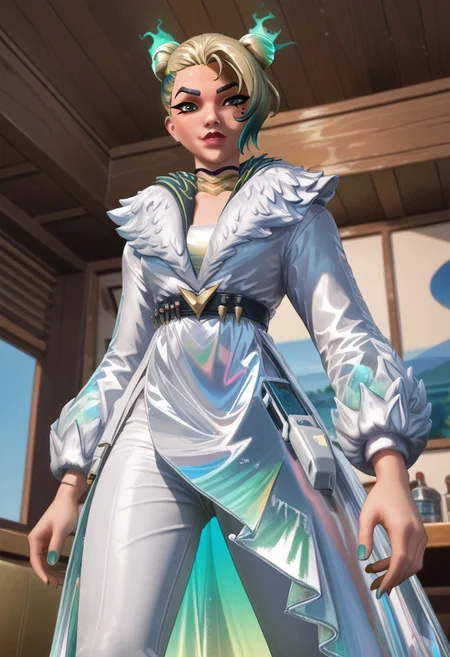 Valeria, holographic dress, cut dress, white pants, triple hair buns, mole below right, eye, indoors, looks at viewer