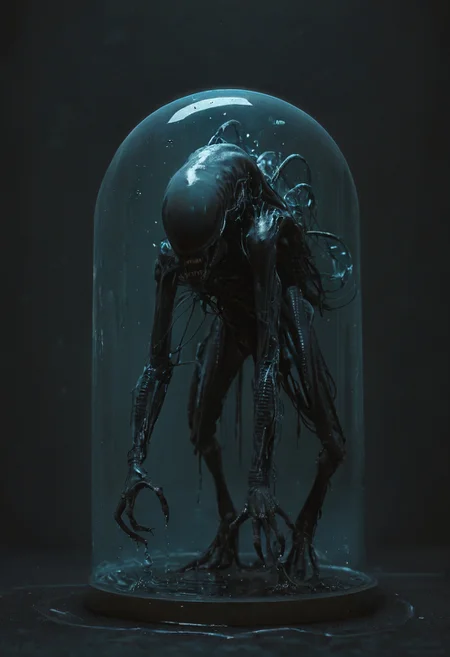 big black eyes, monster, water creature|(xenomorph:0.2), (blue transparent skin), cinematic, dark background,, .score_9, score_8_up, score_7_up,score_6_up, rating_safe