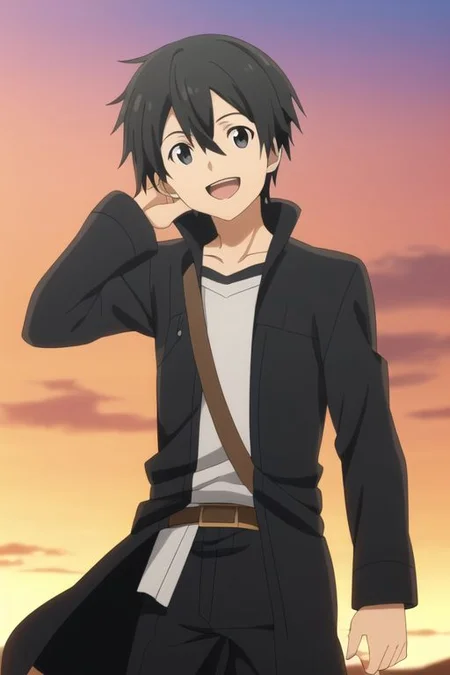 high resolution, professional photography, best quality, 1Boy, Kazuto Kirigaya, Black Hair, Black Eyes, potrait, laughing, very happy, half body, village, sunset, looking at viewer,,