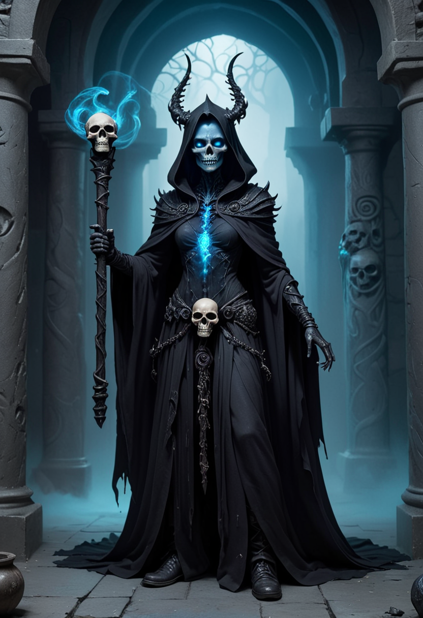 (medium full shot) of (dark lich) with blue eyes, wearing a black midnight shroud, enchanted pants, ancient boots, holding a twisted staff with runic carvings, surrounded by surrounded by a eerie aura, set in  an eerie crypt, with walls lined with niches holding dusty skulls, and a palpable sense of mortality, amidst swirling mist, woman smiling, ,Masterpiece,best quality, raw photo, realistic, very aesthetic