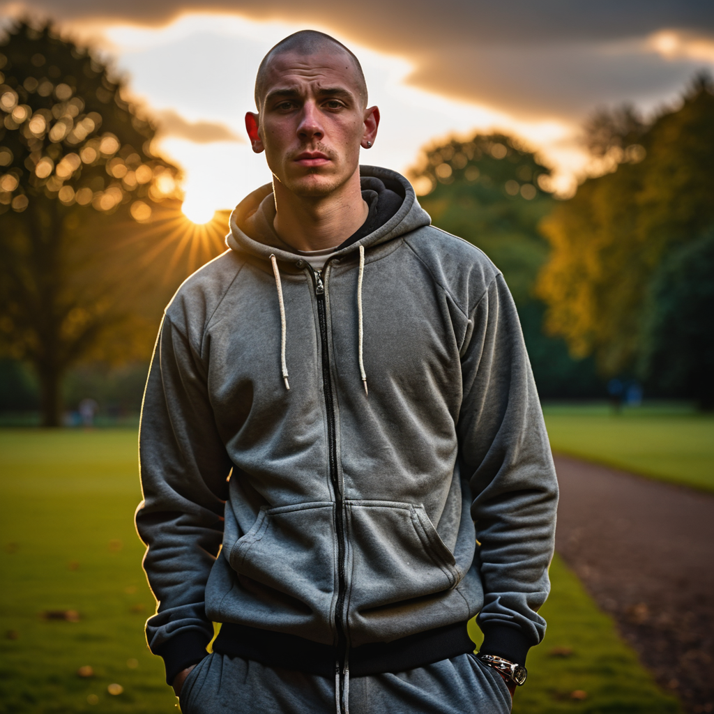 RAW photo, a rough, dirty youngish Mancunian chav, skinhead, he's a mean, rough druggie wearing trackies in a Manchester park at sunset, dramatic lighting, atmospheric, intricate detail
