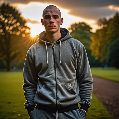 RAW photo, a rough, dirty youngish Mancunian chav, skinhead, he's a mean, rough druggie wearing trackies in a Manchester park at sunset, dramatic lighting, atmospheric, intricate detail