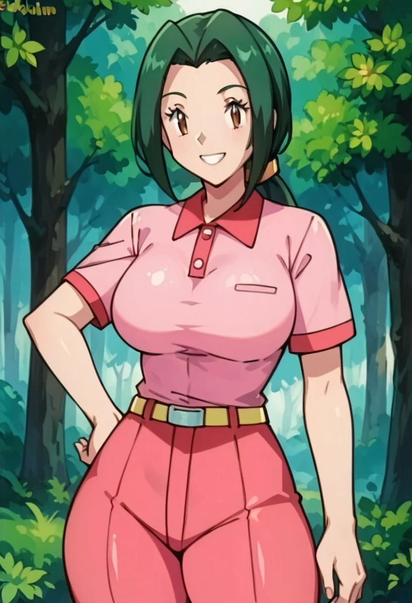 score_9, score_8_up, score_7_up, score_6_up, just describe what you want, tag1, tag2, source_cartoon, rating_explicit, (ruby \(pokemon\), 1girl, beautiful, belly button, (big breasts), round breasts, (huge butt), bubble butt, (light-toned skin), female, (green hair, long hair, low ponytail), brown eyes, smiling, looking at you, sexy, solo, tall, ((big body, ((thick thighs)), ((curvy figure, voluptuous)), ((wide hips))))), ((pink shirt, short sleeves, pink pants, belt)), (standing, one hand on hip, front view), (forest), (zPDXL3)
