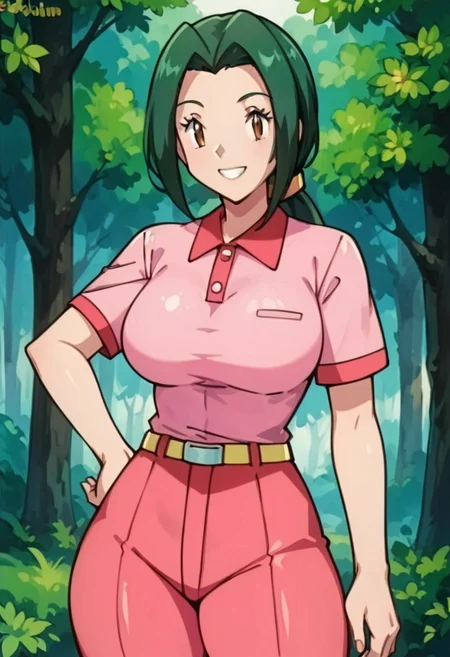 score_9, score_8_up, score_7_up, score_6_up, just describe what you want, tag1, tag2, source_cartoon, rating_explicit, (ruby \(pokemon\), 1girl, beautiful, belly button, (big breasts), round breasts, (huge butt), bubble butt, (light-toned skin), female, (green hair, long hair, low ponytail), brown eyes, smiling, looking at you, sexy, solo, tall, ((big body, ((thick thighs)), ((curvy figure, voluptuous)), ((wide hips))))), ((pink shirt, short sleeves, pink pants, belt)), (standing, one hand on hip, front view), (forest), (zPDXL3)