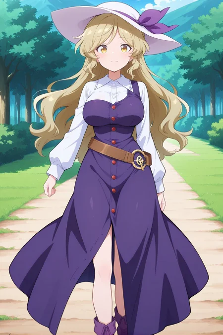 absurdres, highres, masterpiece, best quality, amazing quality, official anime artwork, screencap, anime screencap, outdoors, looking at viewer, light smile, dynamic pose, standing,
<lora:Watatsuki-no-Toyihime_Illustrious:1> watatsuki no toyohime, 1girl, solo, yellow eyes, blonde hair, long hair, large breasts,, white hat, hat riibon, purple ribbon, white shirt, long sleeves, pinafore dress, purple dress, single strap, long dress, buttons, brown belt, loose belt, purple boots,