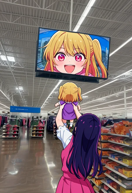 masterpiece, best quality, amazing quality, showing_baby_to_a_supermarket_camera_(meme), supermarket, photo background,
BREAK
screen, television, hoshino ruby, chibi, looking at viewer, open mouth, blush, smile,
BREAK
hoshino ai, lifting person, from behind,
<lora:showing_baby_to_a_supermarket_camera_meme:1>