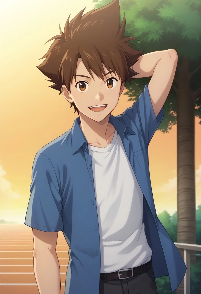 score_9, score_8_up, score_7_up, source_anime, highly detailed,
taikizu, 1boy, brown hair, male focus, brown eyes, shirt, solo, smile, open mouth, white shirt, open clothes,
upper body, looking at viewer, orange background, :d, arm behind head, blue shirt, short sleeves,
teeth, spiked hair, open shirt,
outdoor, sky, tree